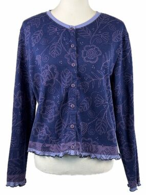 Gundrun Sjoden Floral Leaf Print Purple Cardigan Size L Whimsical Artsy Cotton
